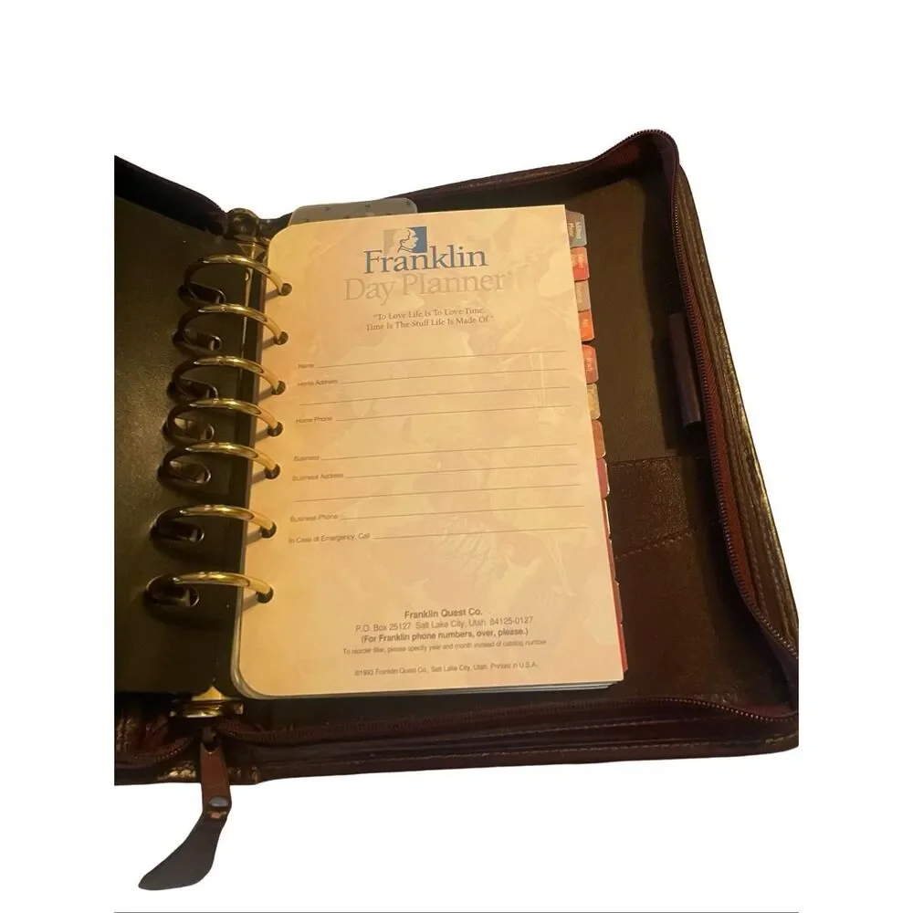 Vintage Franklin Quest Co. Brown Red Leather Paisley Tapestry Day Planner OS